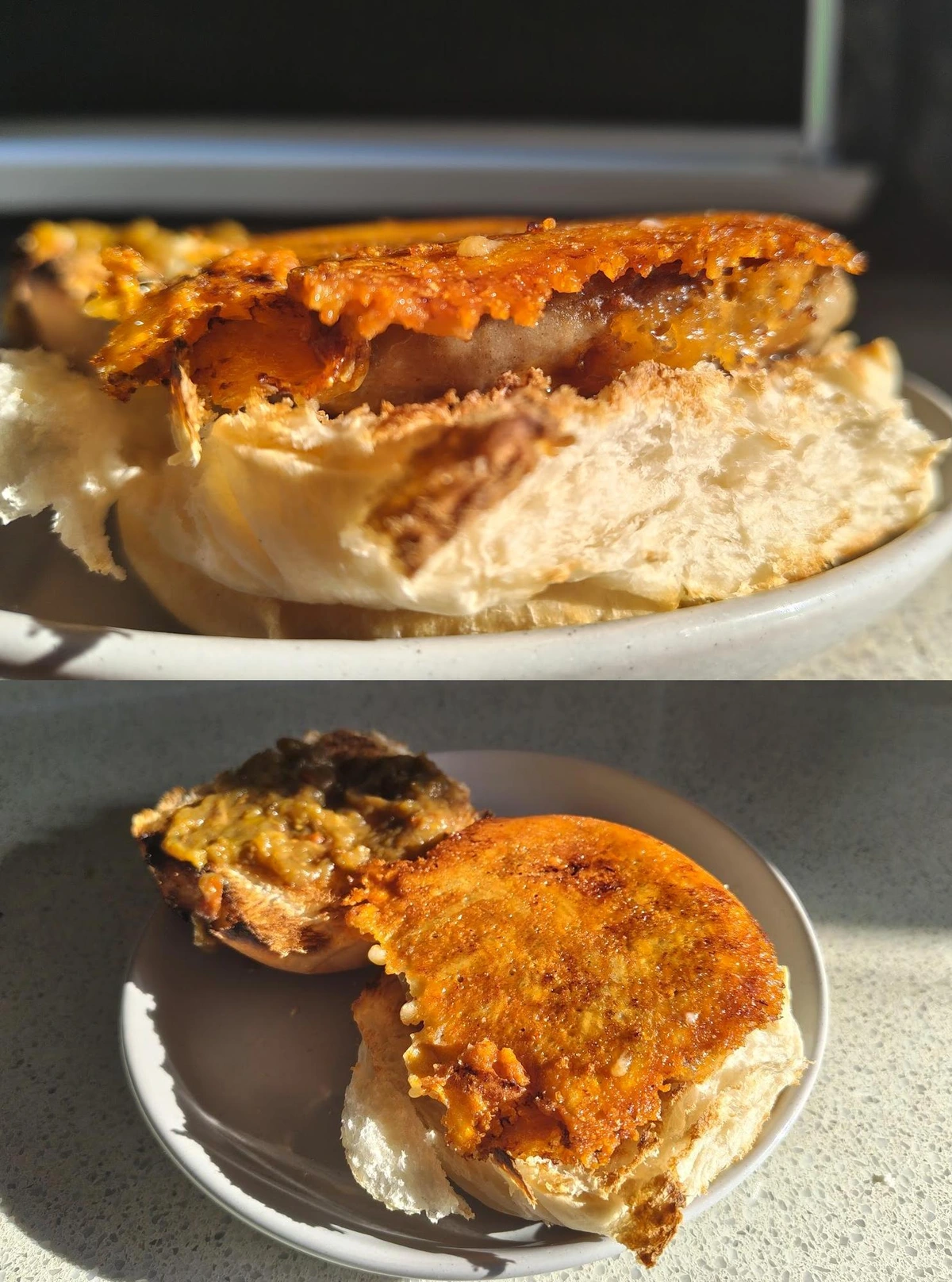 Two photos of an open top burger, the cheese has been fried onto the burger.