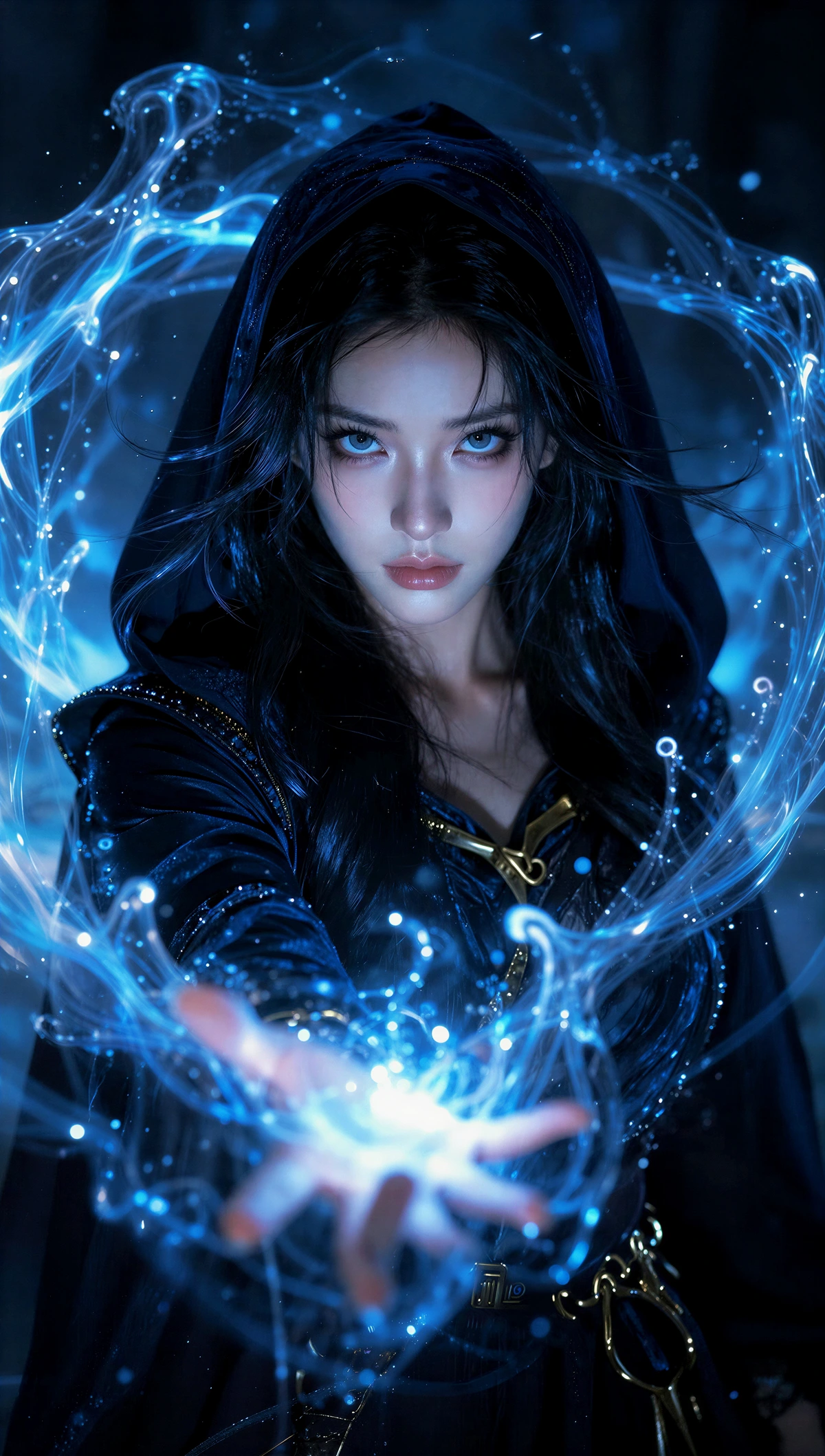 A cloaked figure dressed in dark robes with gold accents, extending one hand forward casting a spell. Swirling blue light trails and glowing particles surround the outstretched hand, creating a magical ring around the figure, with the blue glow illuminating the figure.