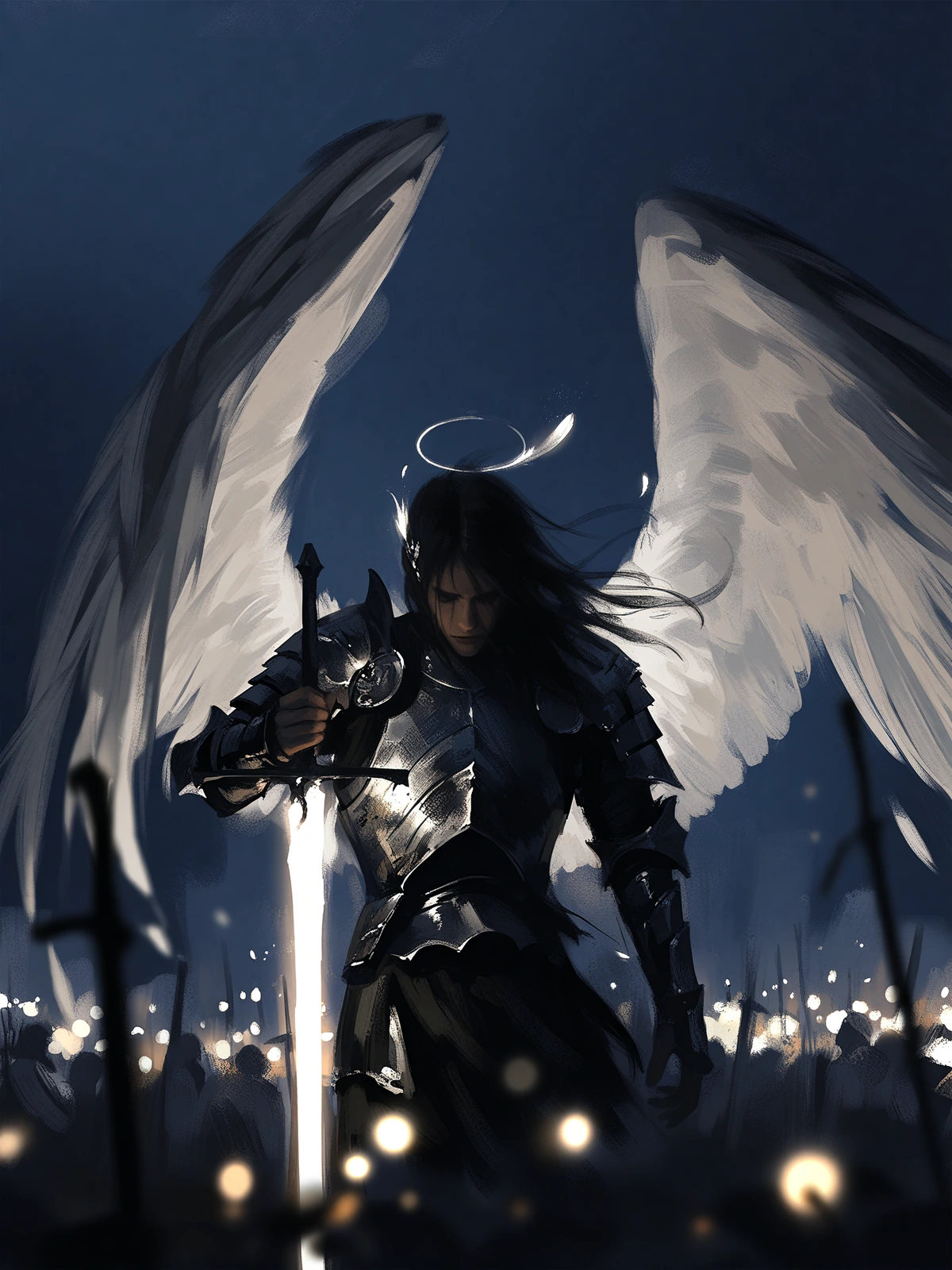 A dark-haired warrior angel with a simple circular halo standing on a battlefield, head bowed downward in contemplation. The figure wears dark metallic armor, gripping a glowing longsword in one hand, its tip planted into the ground. Two large white-feathered wings extend from the figure's back, illuminated to contrast against the deep blue-gray atmosphere. The foreground and background are filled with blurred points of golden light scattered across a dark, battlefield covered in abandoned weapons. 