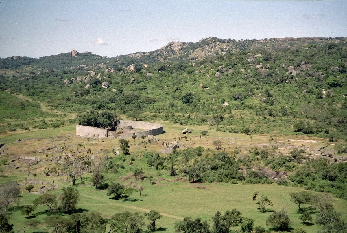 Overview of the ruins of Great Zimbabwe, with the Great Enclosure featured prominently at center-left