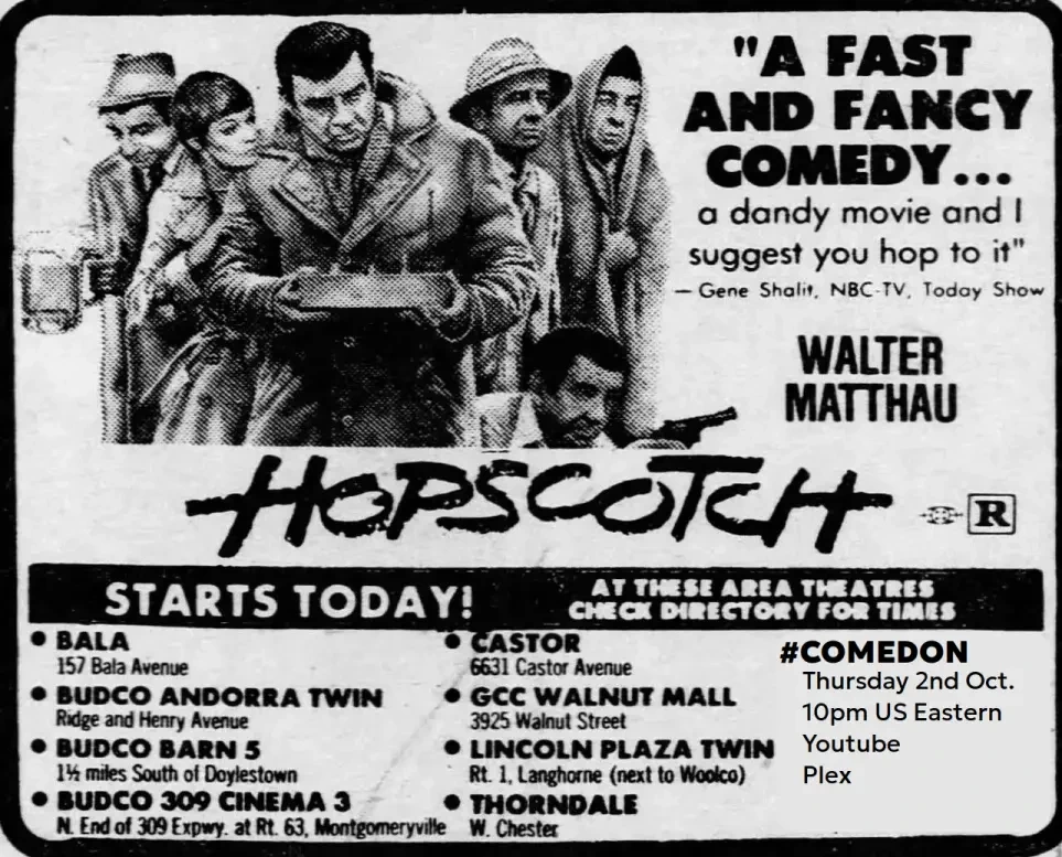 Original newspaper ad for the film Hopscotch (1980), but with #Comedon watch party details added