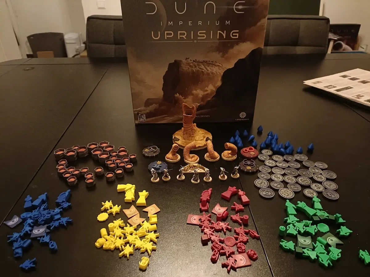 All the components of Dune Imperium Bloodlines, either 3D printed, or painted, or 3D printed and painted.