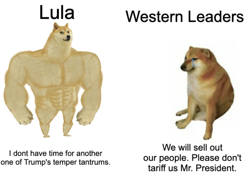 Lula Strong doge. I dont have time for another one of Trump's temper tantrums. Western Leaders. We will sell out people. Please don't tariff us Mr. President. 